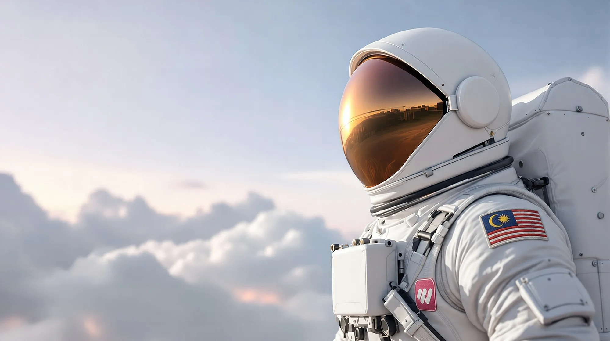 Astronaut in a Rocket Web mission suit above the clouds